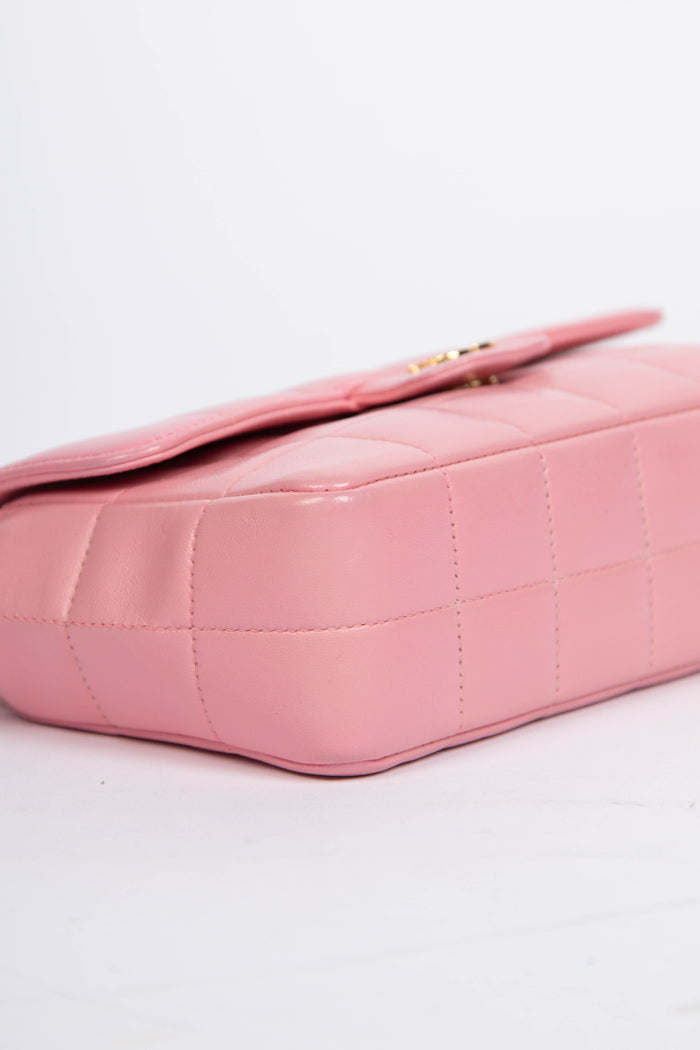 2000s Chanel Pink Lambskin Leather Mini Camellia Chocolate Bar Crossbody Bag