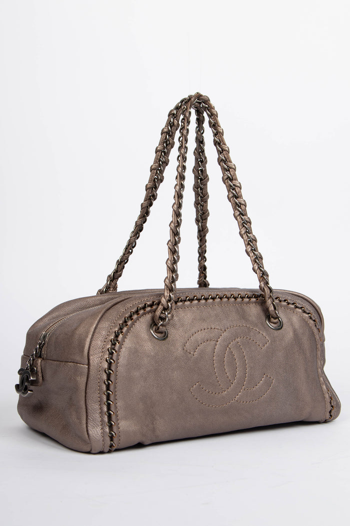2000s Chanel Grey Metallic CC Bowling Bag