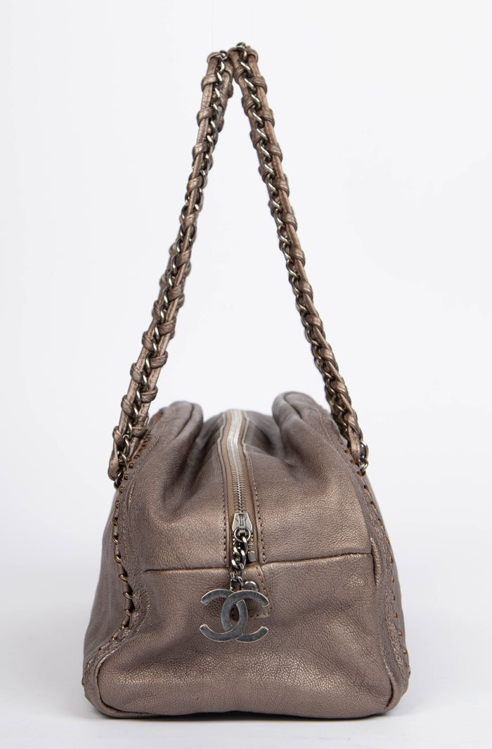 2000s Chanel Grey Metallic CC Bowling Bag