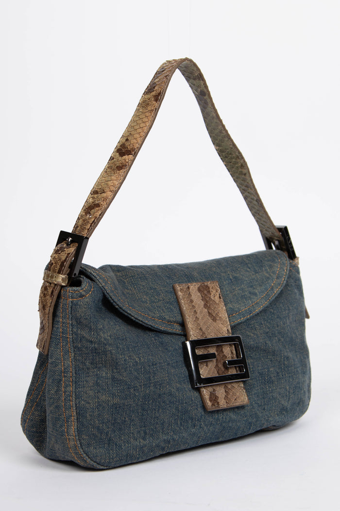 Vintage Fendi Denim and Python Shoulder Bag