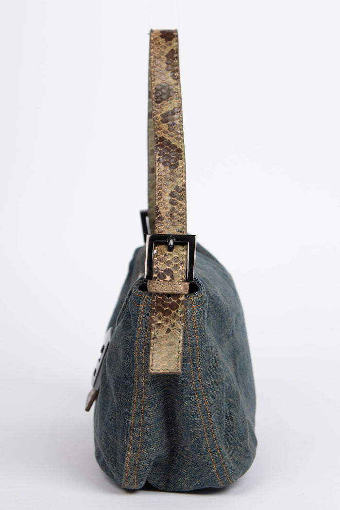 Vintage Fendi Denim and Python Shoulder Bag
