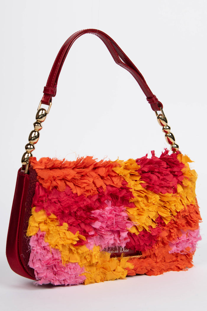 2000s Christian Dior Red Frayed Fabric Malice Shoulder Bag