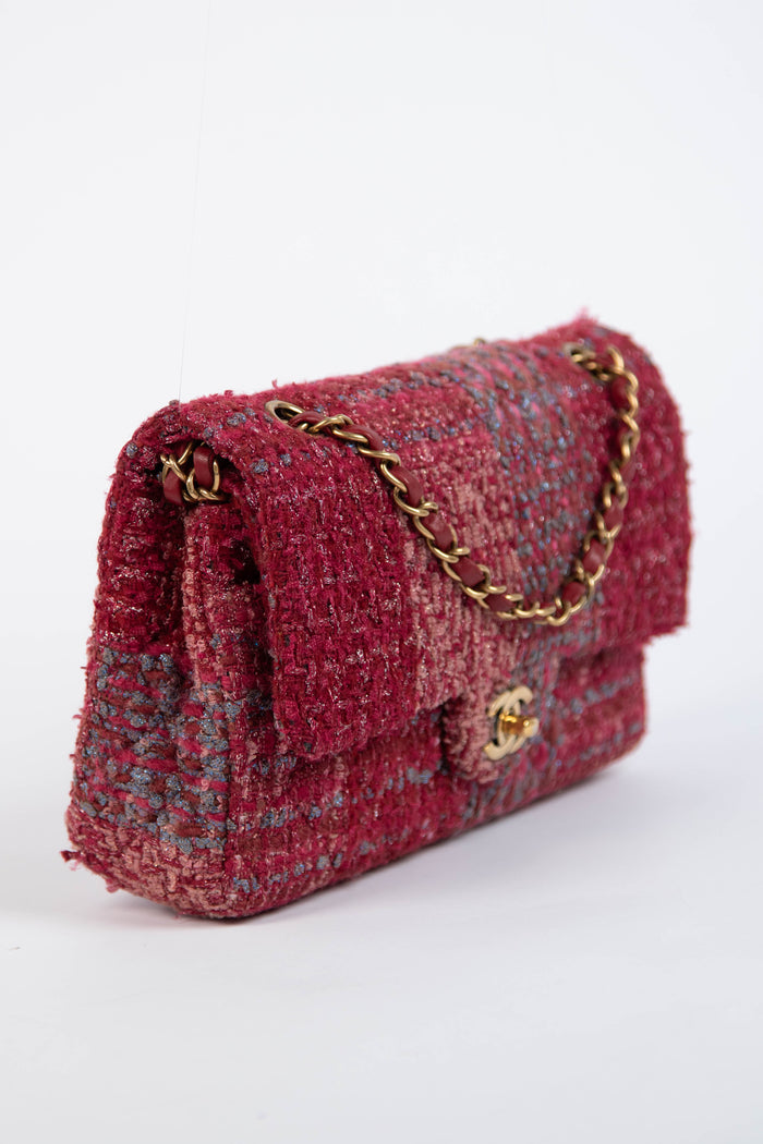 2014 Chanel Raspberry Metallic Tweed Medium Double Flap Bag