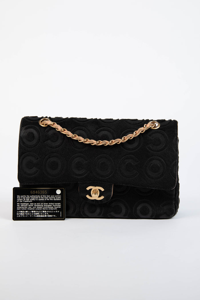 RARE 2000s Chanel Black Coco Pony Hair Medium Double Flap Shoulder Bag