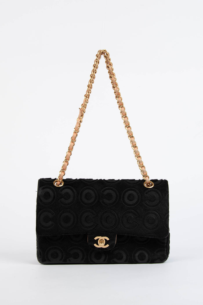 RARE 2000s Chanel Black Coco Pony Hair Medium Double Flap Shoulder Bag