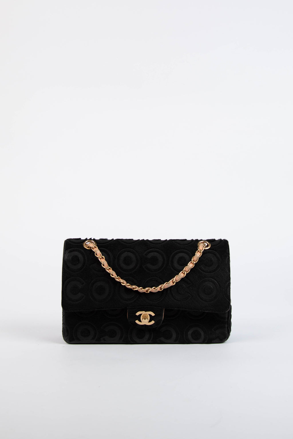 RARE 2000s Chanel Black Coco Pony Hair Medium Double Flap Shoulder Bag