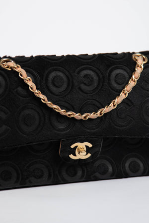 RARE 2000s Chanel Black Coco Pony Hair Medium Double Flap Shoulder Bag