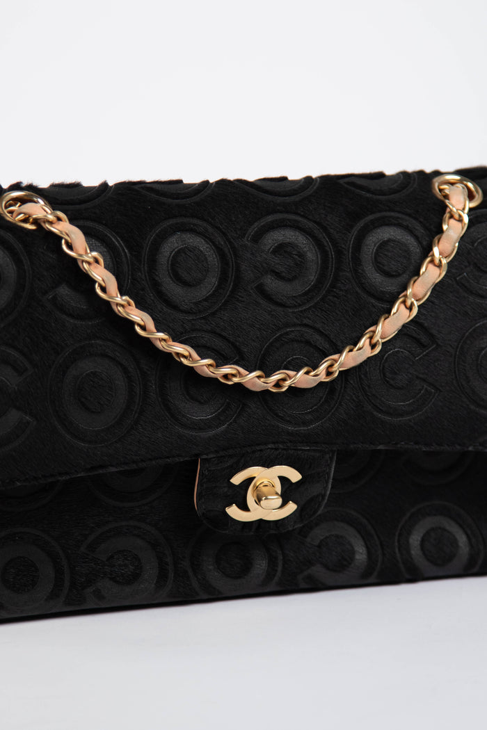 RARE 2000s Chanel Black Coco Pony Hair Medium Double Flap Shoulder Bag