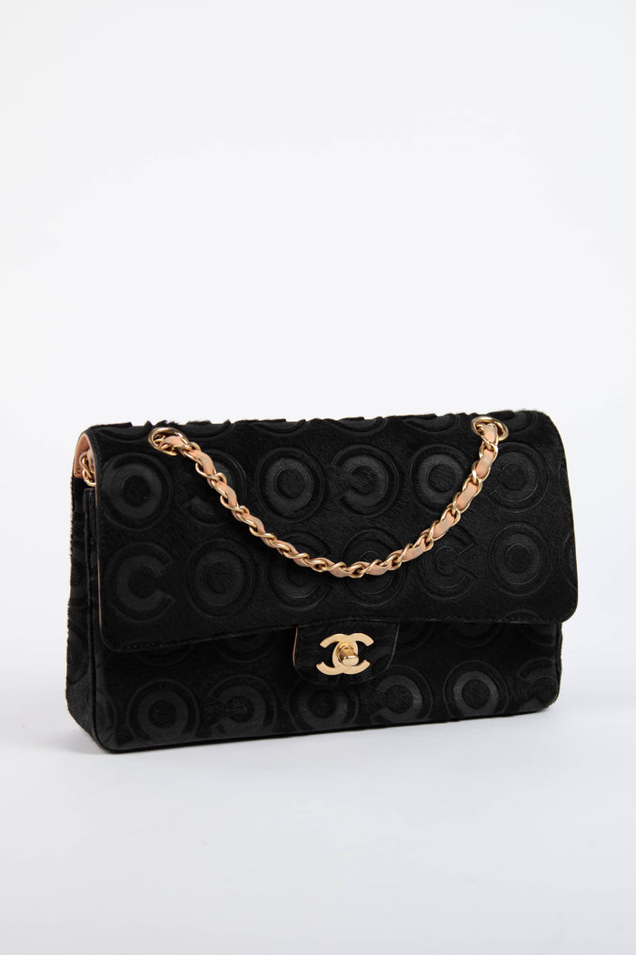 RARE 2000s Chanel Black Coco Pony Hair Medium Double Flap Shoulder Bag