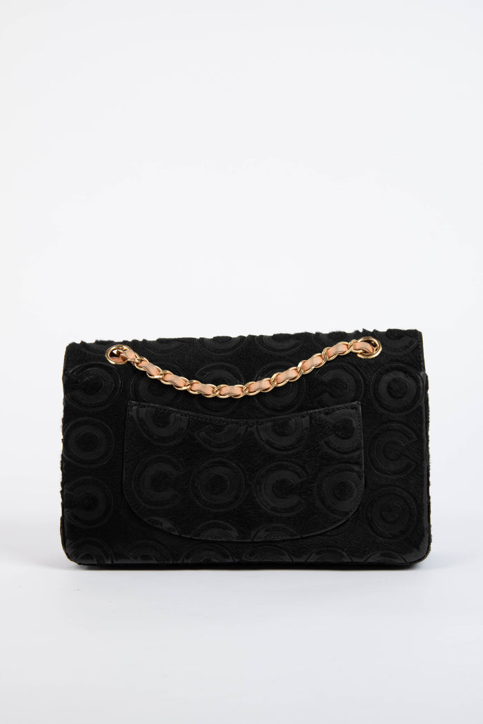 RARE 2000s Chanel Black Coco Pony Hair Medium Double Flap Shoulder Bag