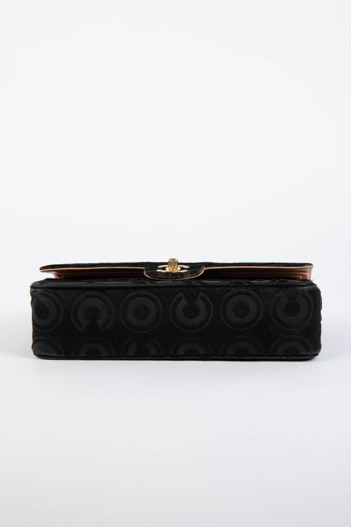 RARE 2000s Chanel Black Coco Pony Hair Medium Double Flap Shoulder Bag