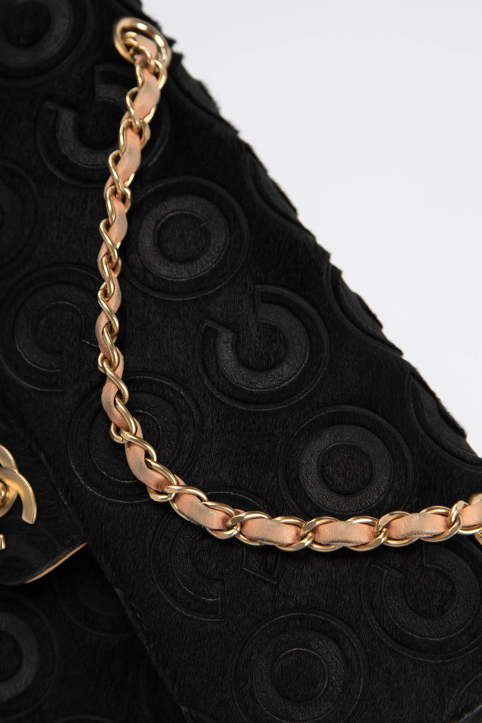 RARE 2000s Chanel Black Coco Pony Hair Medium Double Flap Shoulder Bag