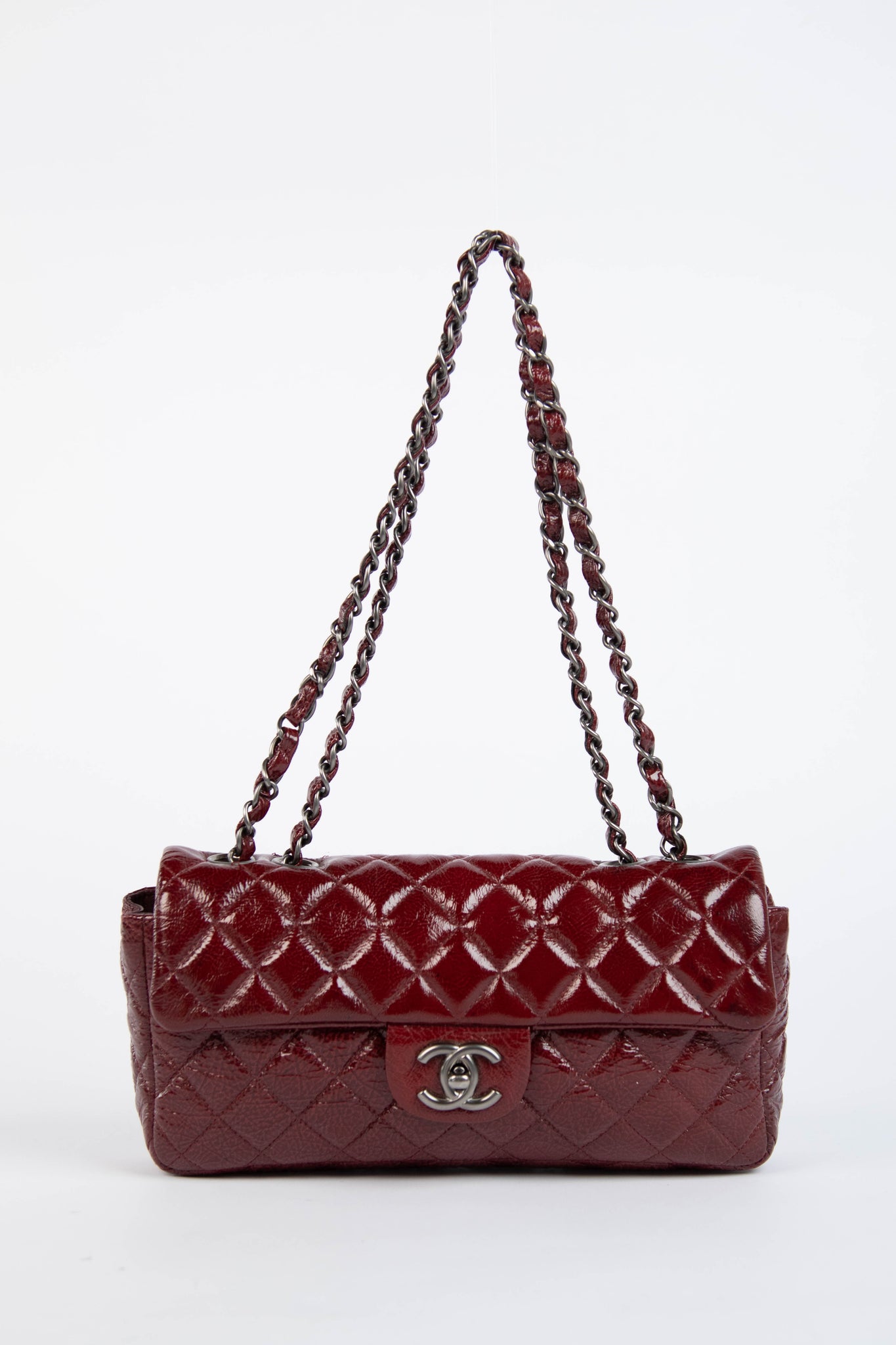 2000s Chanel Burgundy Patent Aged Calfskin East West Shoulder Bag