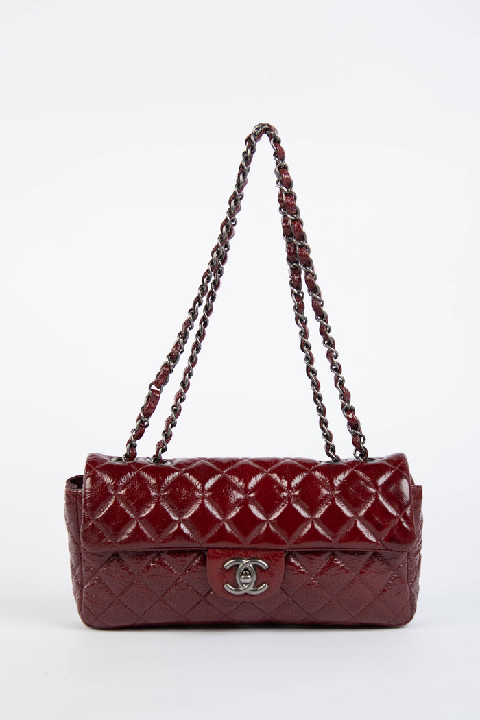 2000s Chanel Burgundy Patent Aged Calfskin East West Shoulder Bag