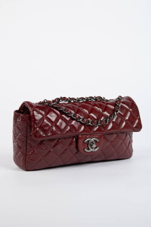 2000s Chanel Burgundy Patent Aged Calfskin East West Shoulder Bag