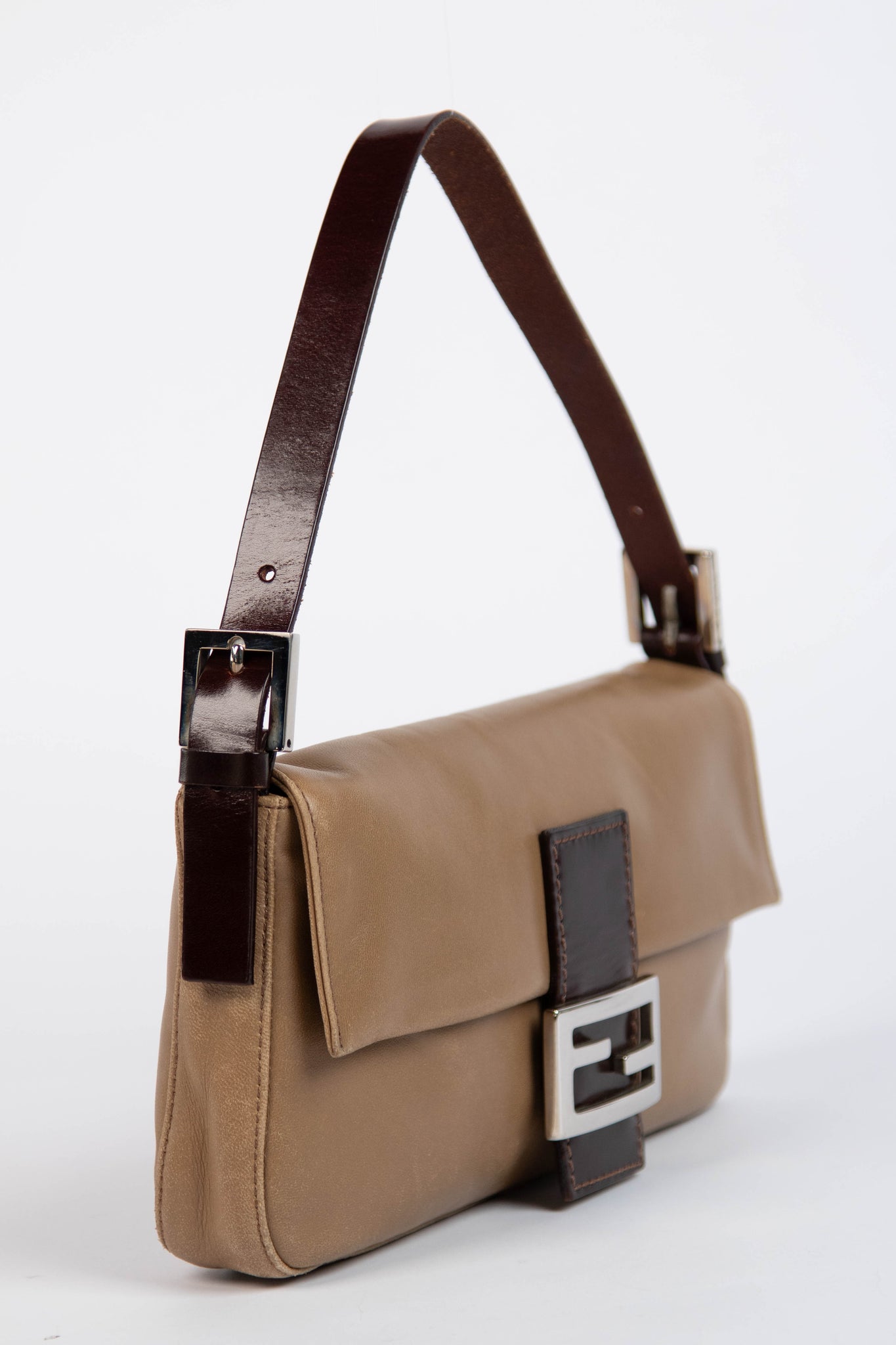 Vintage Fendi Brown Leather Baguette Shoulder Bag