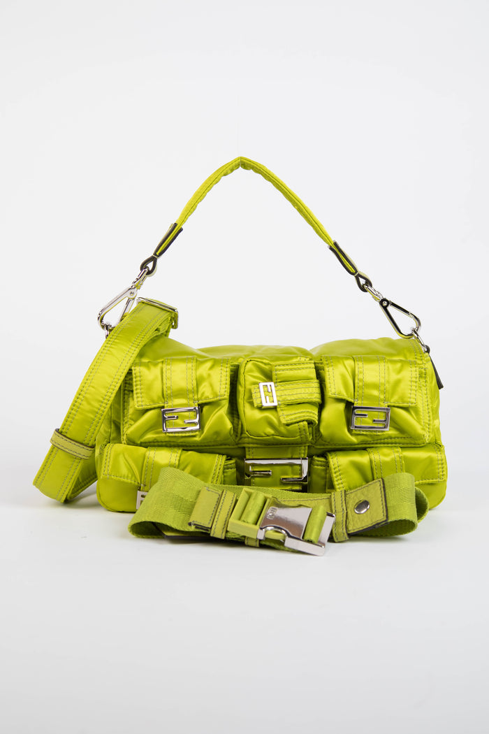 2022 Fendi Neon Green Silk Multipocket Baguette Bag