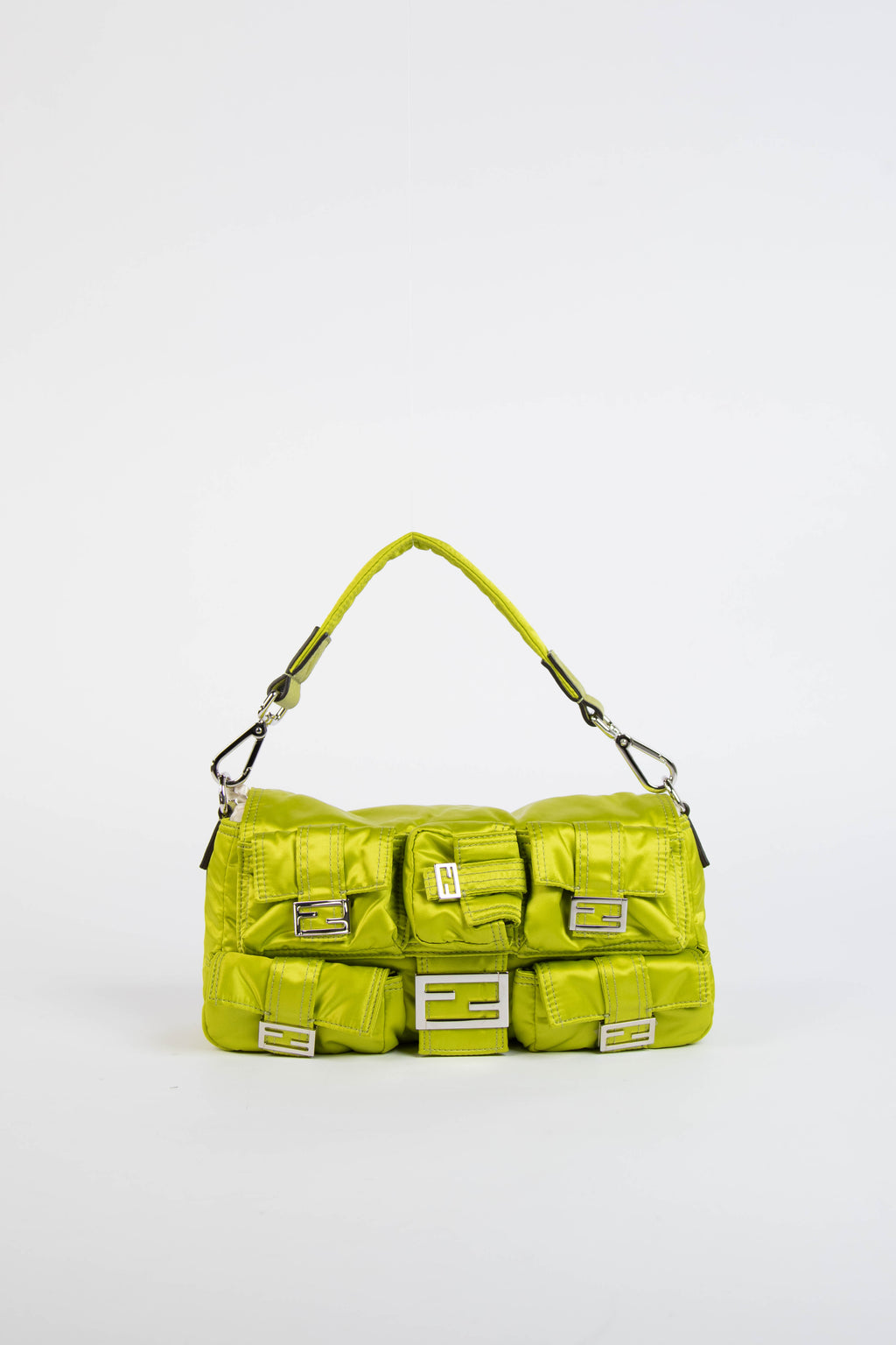 2022 Fendi Neon Green Silk Multipocket Baguette Bag