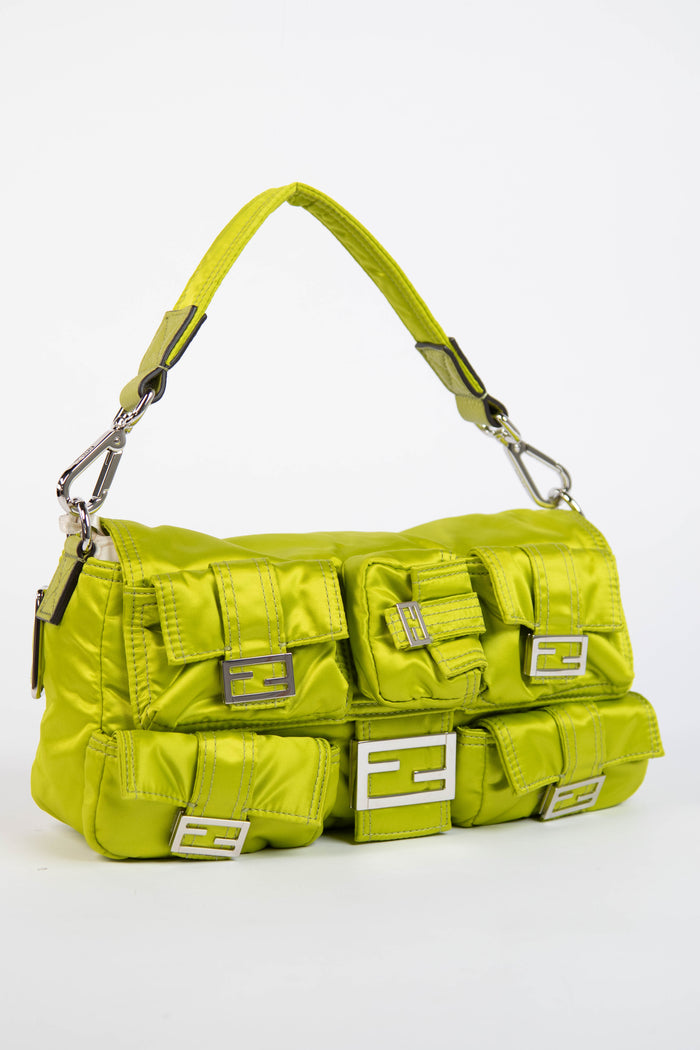2022 Fendi Neon Green Silk Multipocket Baguette Bag