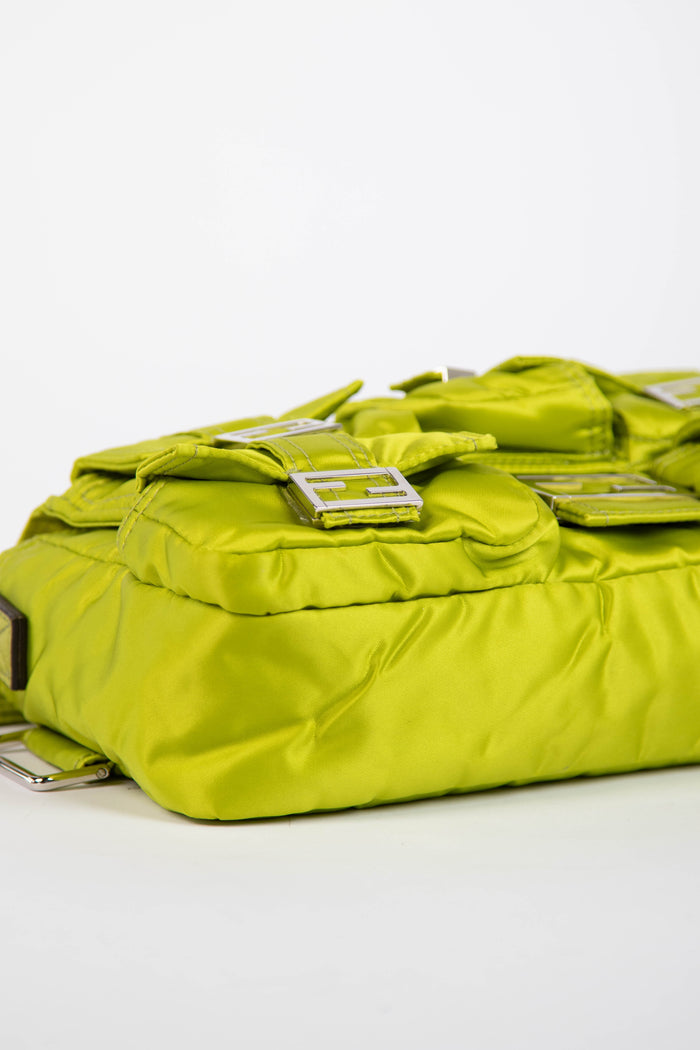 2022 Fendi Neon Green Silk Multipocket Baguette Bag