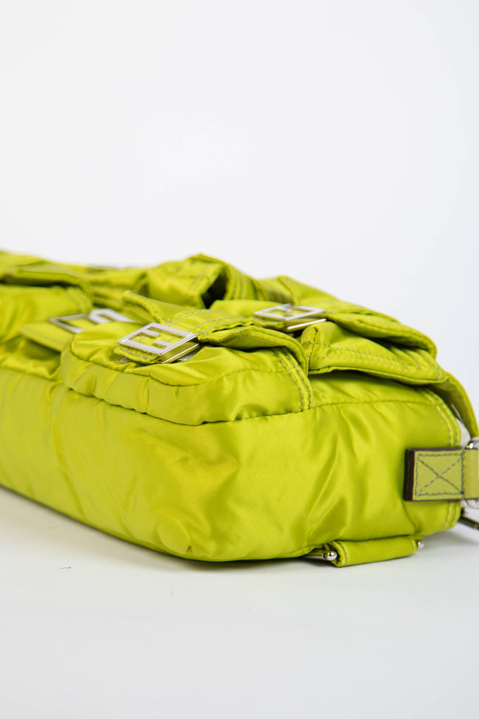 2022 Fendi Neon Green Silk Multipocket Baguette Bag