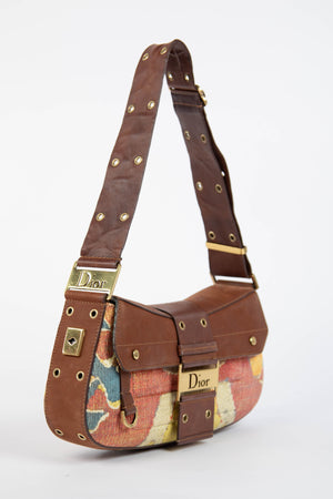 2000s Christian Dior Multicolour Velvet and Leather Columbus Shoulder Bag