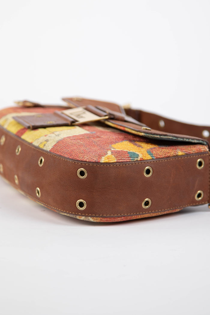 2000s Christian Dior Multicolour Velvet and Leather Columbus Shoulder Bag
