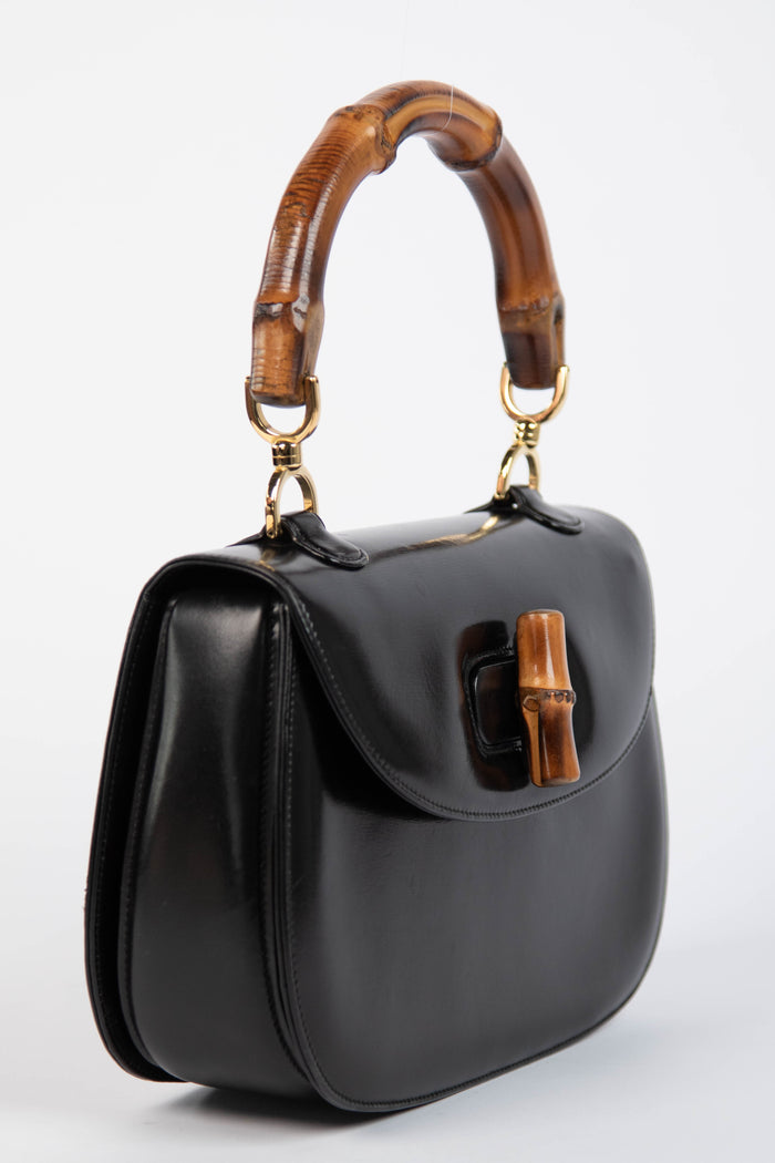 Vintage Gucci Black Leather & Bamboo Top Handle Bag