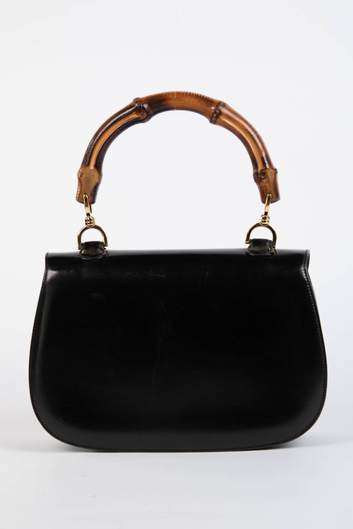 Vintage Gucci Black Leather & Bamboo Top Handle Bag