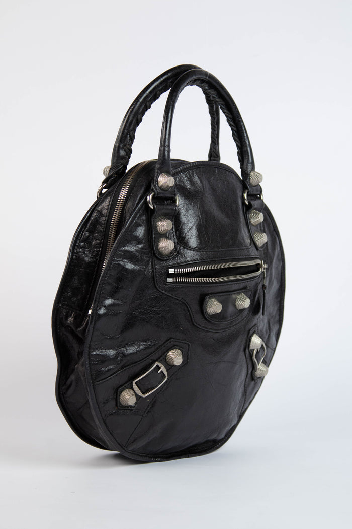 2000s Balenciaga Black Leather Motorcycle Sphere Bag