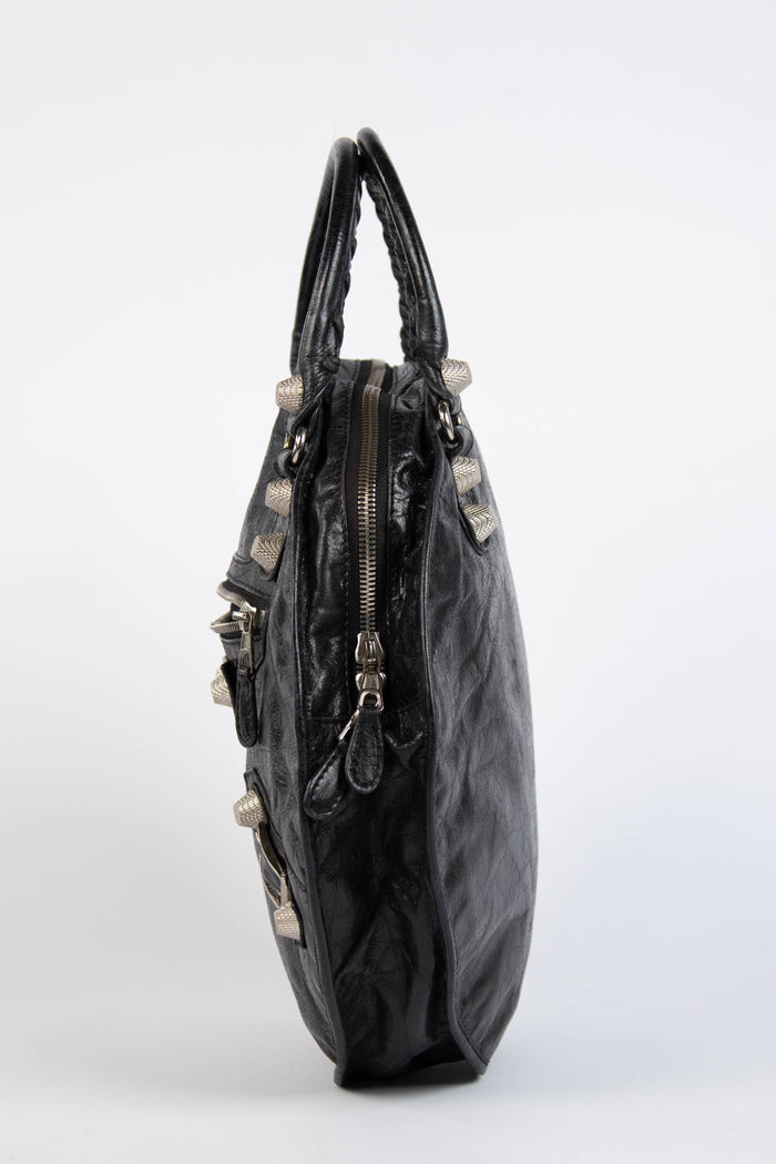 2000s Balenciaga Black Leather Motorcycle Sphere Bag