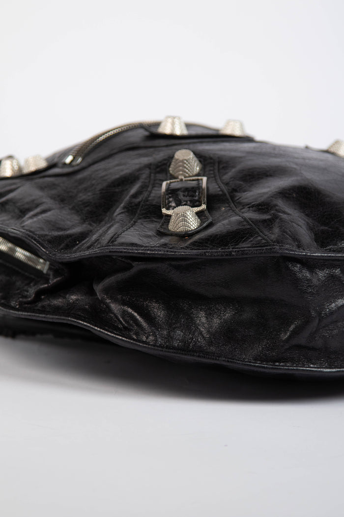 2000s Balenciaga Black Leather Motorcycle Sphere Bag