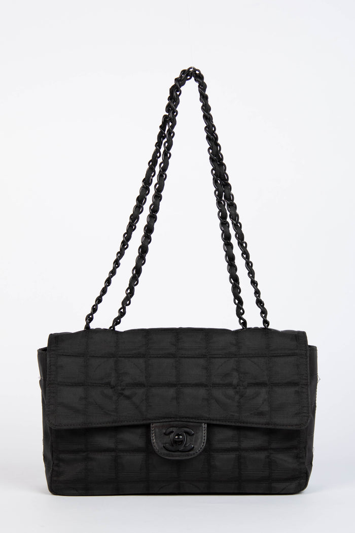 2000s Chanel Black Travel Line Single Flap Shoulder Bag