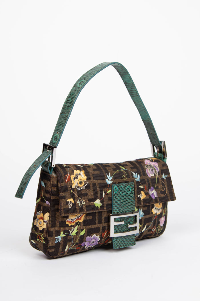 Vintage Fendi Zucca Floral Embroidered Baguette Shoulder Bag