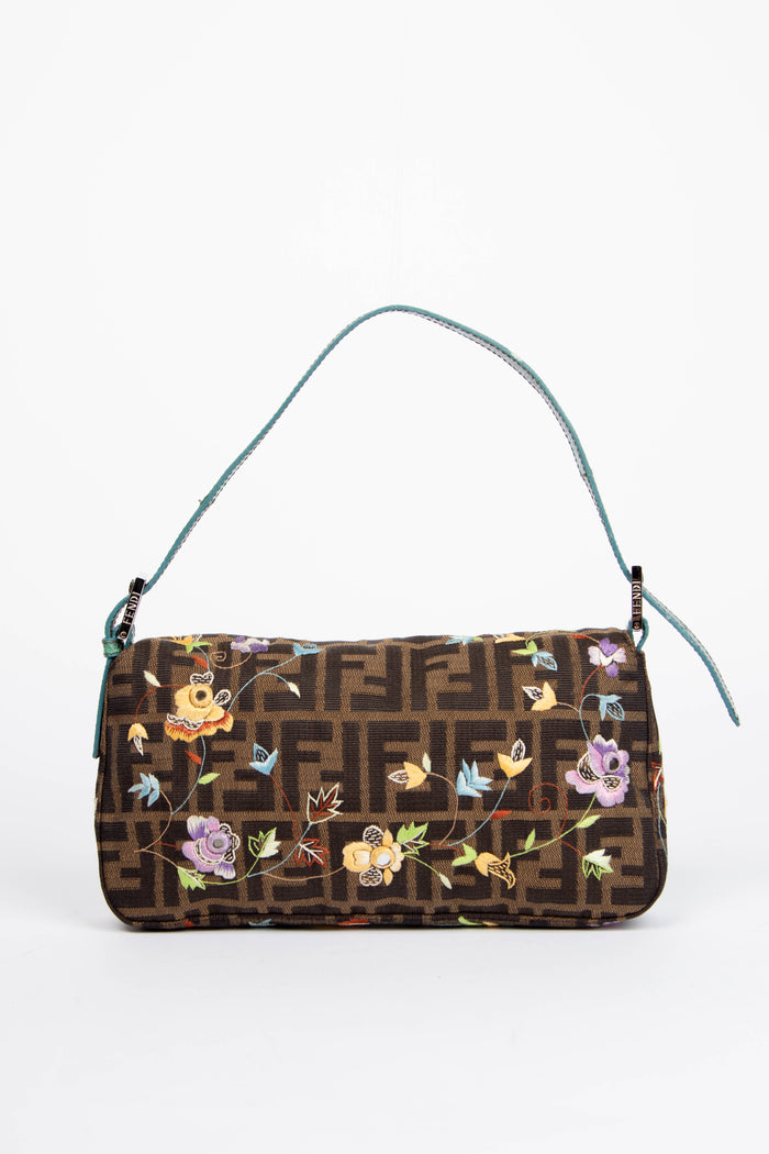 Vintage Fendi Zucca Floral Embroidered Baguette Shoulder Bag