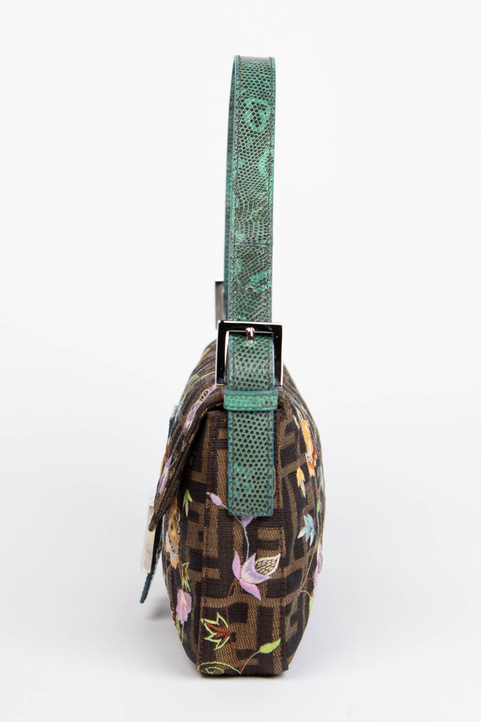 Vintage Fendi Zucca Floral Embroidered Baguette Shoulder Bag