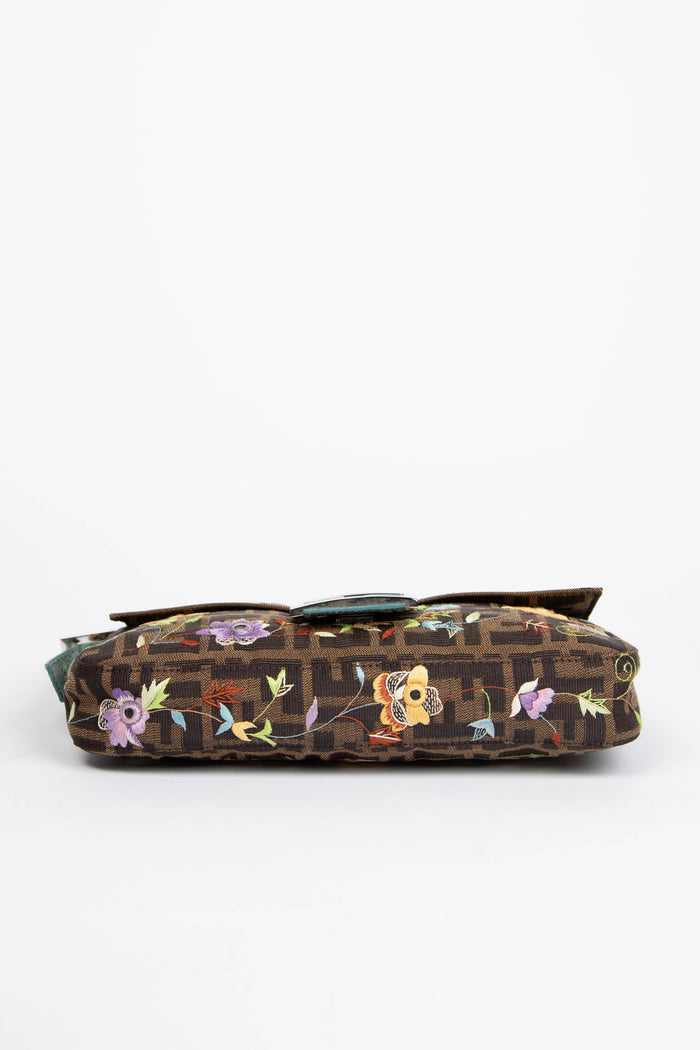 Vintage Fendi Zucca Floral Embroidered Baguette Shoulder Bag