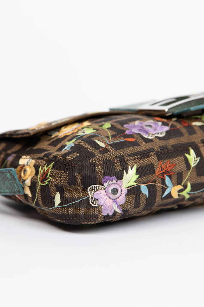 Vintage Fendi Zucca Floral Embroidered Baguette Shoulder Bag