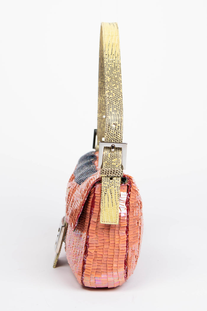 SUPER RARE Fendi Pink Sequin & Lizard Baguette Shoulder Bag