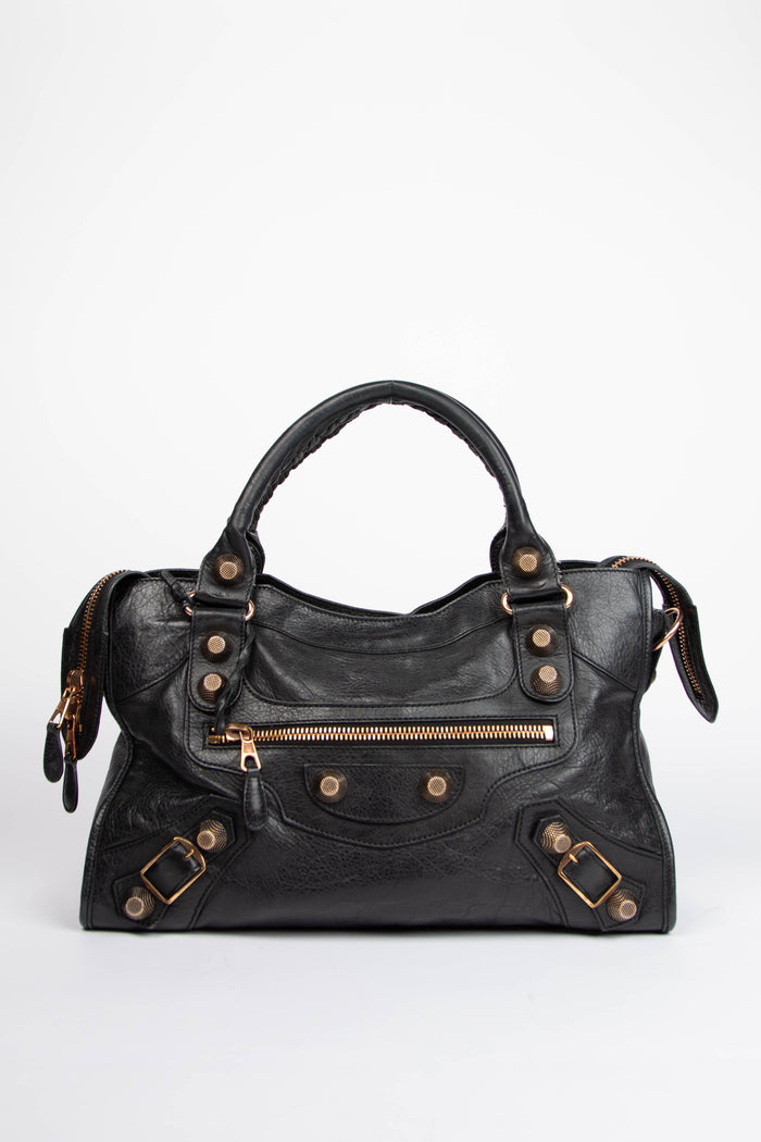 2010s Balenciaga Black Leather City Bag with Giant GHW