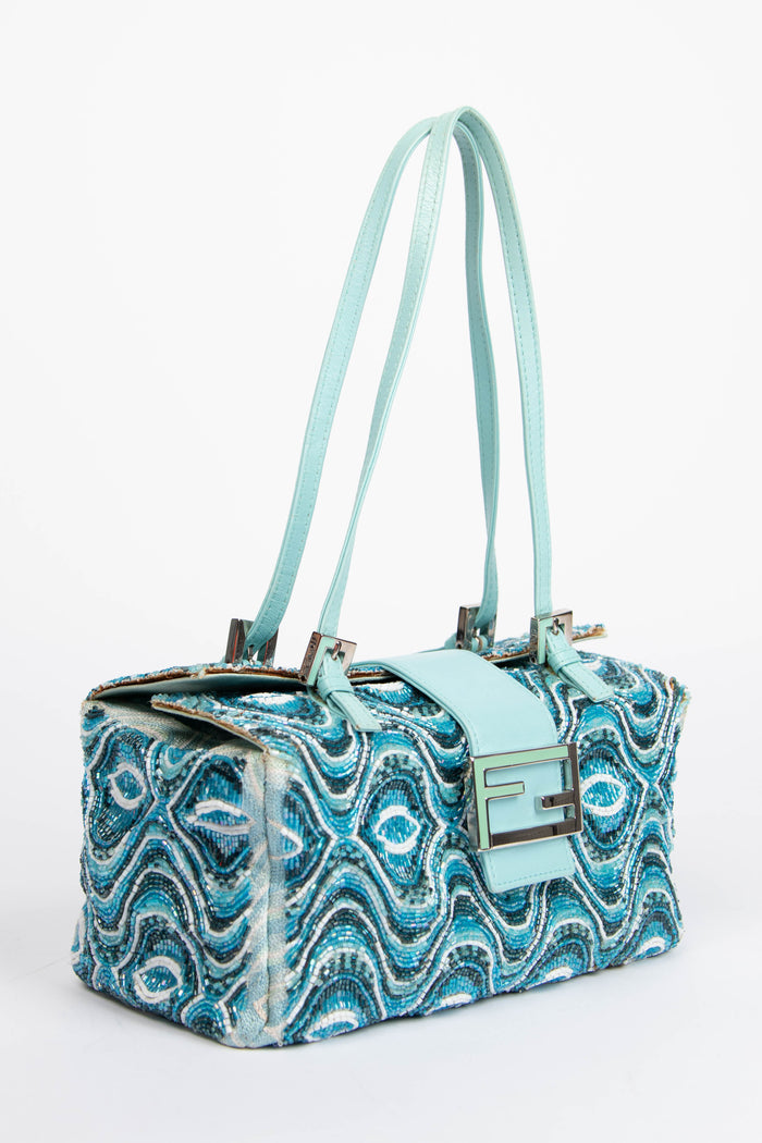 RARE Vintage Fendi Blue Beaded Boxy Shoulder Bag