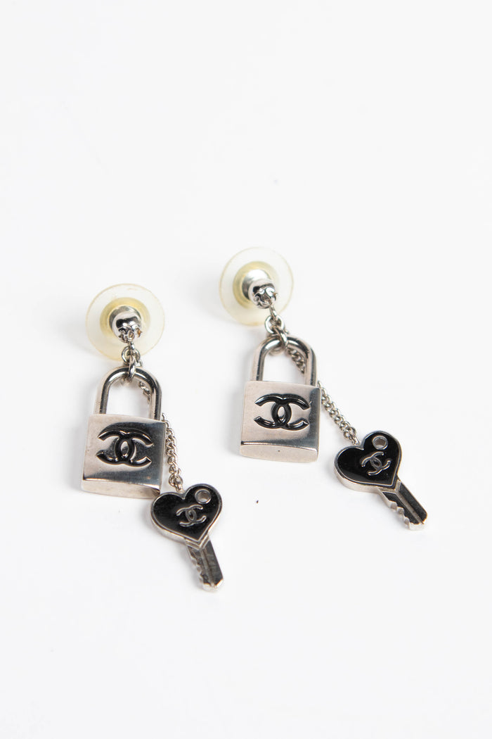 Chanel Silver Padlock and Key CC Earrings