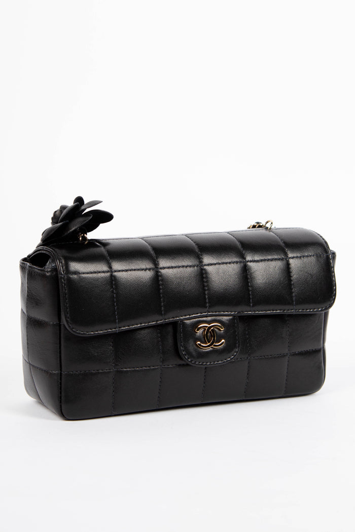 2000s Chanel Black Lambskin Leather Mini Camellia Chocolate Bar Crossbody Bag