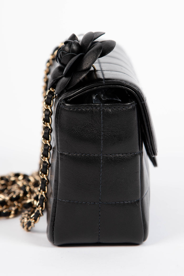 2000s Chanel Black Lambskin Leather Mini Camellia Chocolate Bar Crossbody Bag