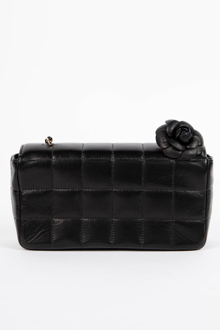 2000s Chanel Black Lambskin Leather Mini Camellia Chocolate Bar Crossbody Bag