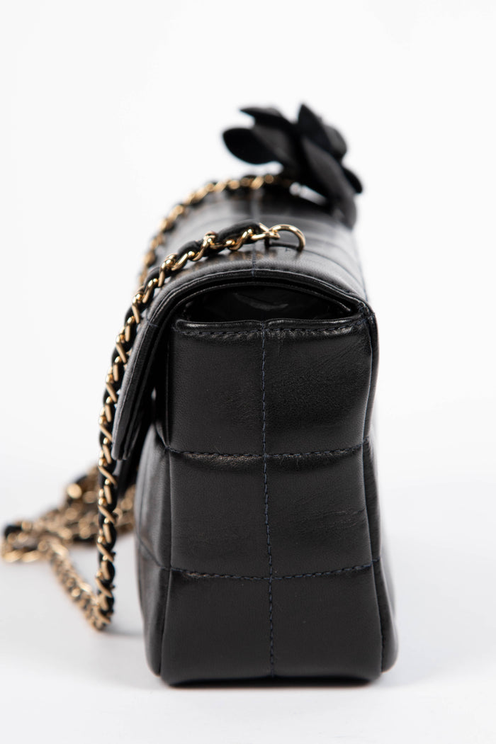 2000s Chanel Black Lambskin Leather Mini Camellia Chocolate Bar Crossbody Bag