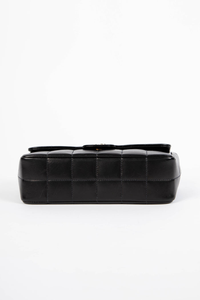 2000s Chanel Black Lambskin Leather Mini Camellia Chocolate Bar Crossbody Bag