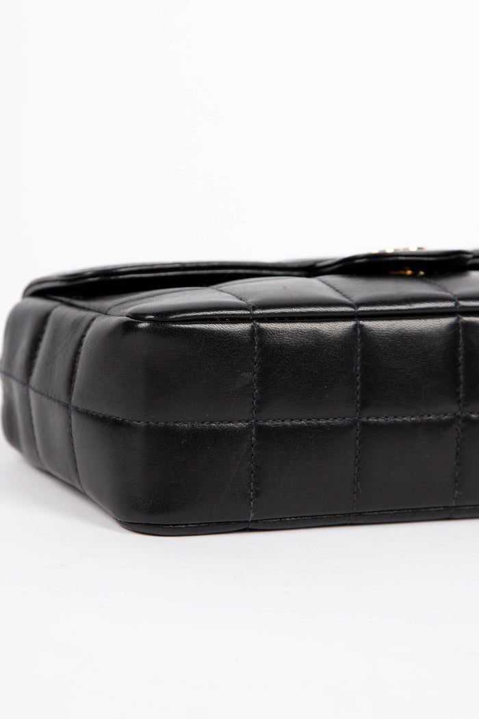 2000s Chanel Black Lambskin Leather Mini Camellia Chocolate Bar Crossbody Bag