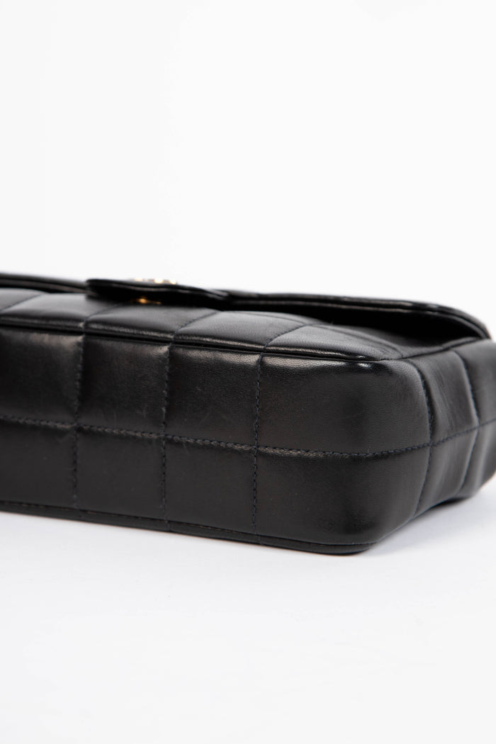 2000s Chanel Black Lambskin Leather Mini Camellia Chocolate Bar Crossbody Bag