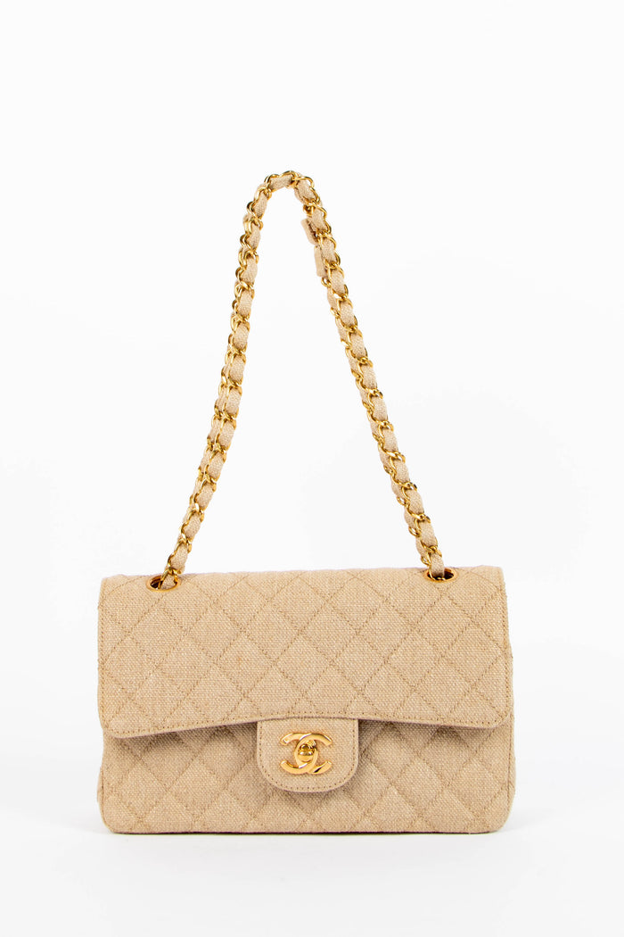 90s Chanel Linen Small Double Flap Shoulder Bag with 24k GHW